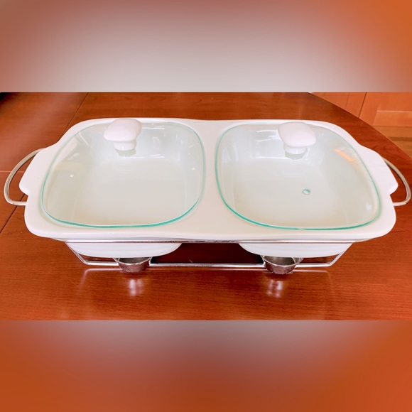 Dining Double Warmer Buffet Serving 2 Porcelain Casserole Dishes